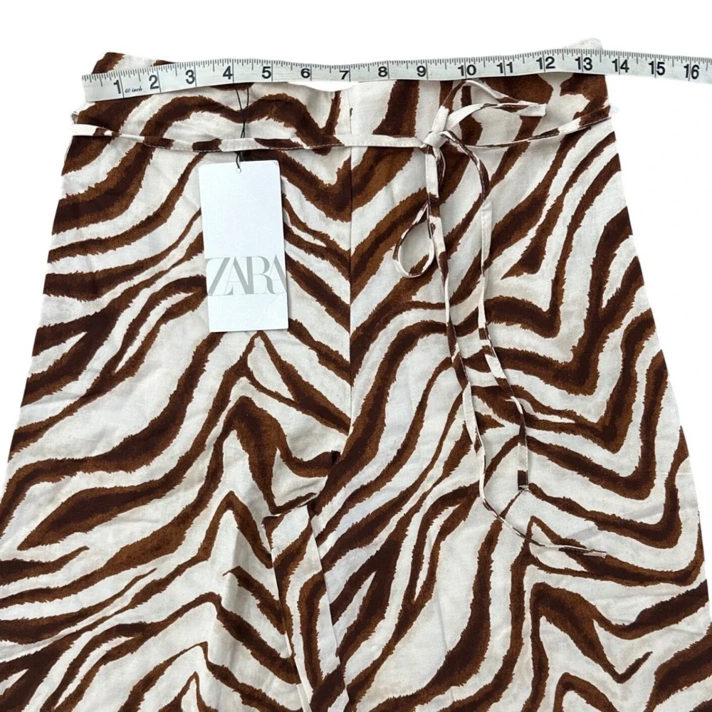 Zara Brown Zebra Print Wide Leg Pants NWT High Rise Linen XS 3067/501 Blogger